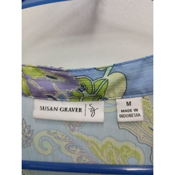 Susan Graver Womens Tunic Top Size Medium Blue Green Paisley Chiffon Blouse - Picture 5 of 9